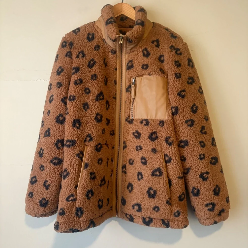 NWT Abercrombie & Fitch Leopard Print Sherpa Fleece‎ Zip Jacket Brown XL NEW - Picture 3 of 10